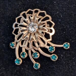 Vtg Gold Tone Blue/Clear Rhinestone Art Deco 1950s Flower Spray Brooch/Pendant